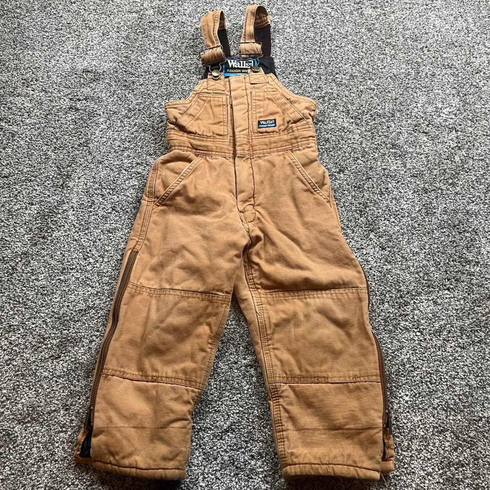 Walls Tough Wear Bib Overalls Kids XS 4/5 Brown Insulated Grow‎ System Workwear